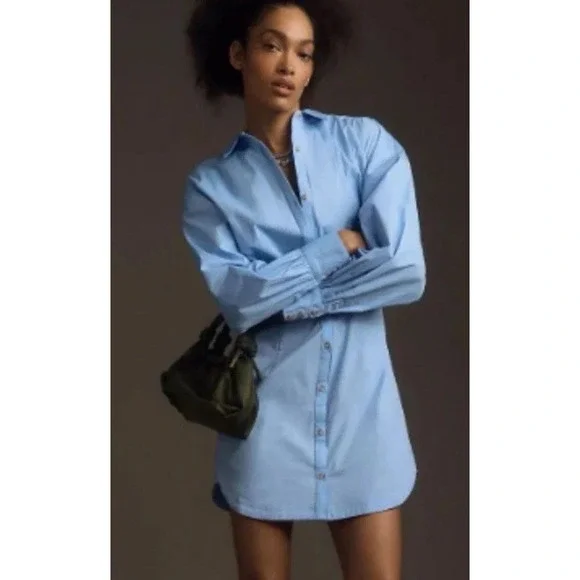 NWT Anthropologie Maeve Poplin Mini Shirt Dress Sz XL Sky Blue Long Sleeve $148 - Picture 3 of 15